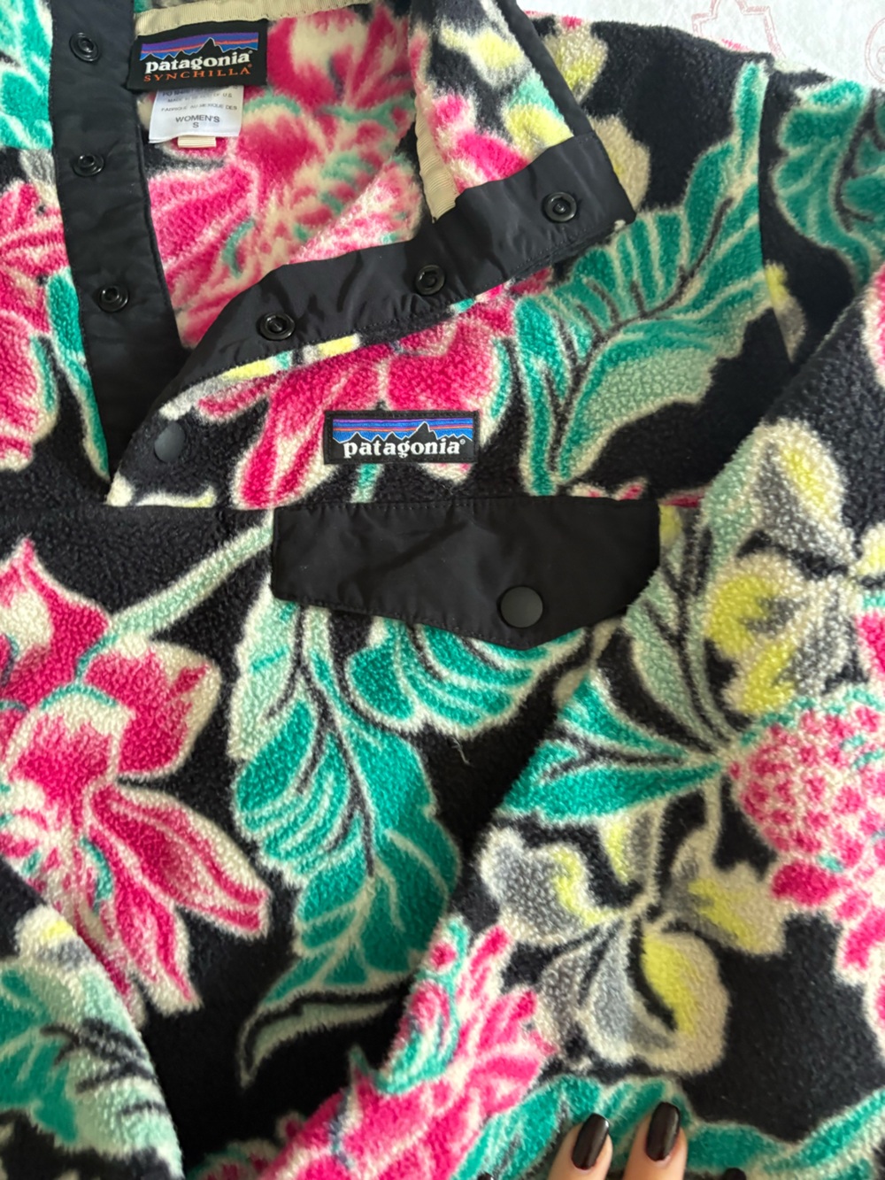 Patagonia Floral Fleece Pullover Jacket - Pink, Teal & Black